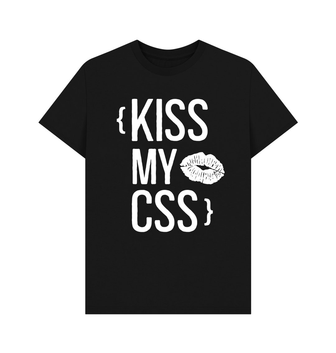 T-shirt: (The expression “Kiss my CSS” in a tall display font, between curly brace characters, and accompanied by a lipstick stain.)