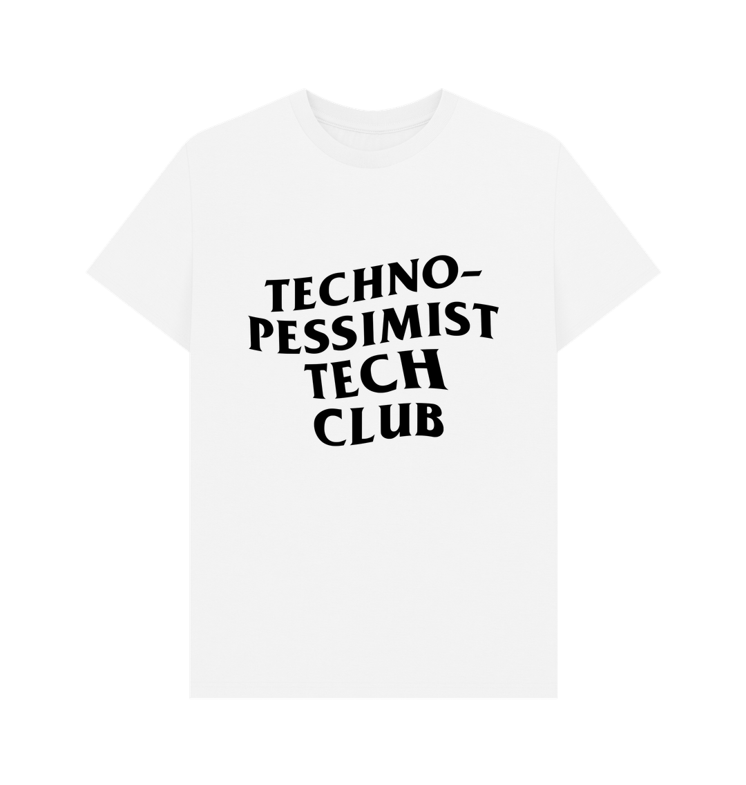 White design on a black T-shirt: TechnoPessimist Tech Club written in a wavy display font Design by Joey Castillo