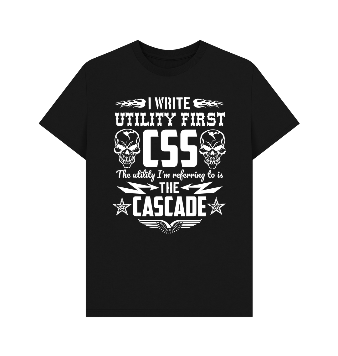 White design on a black T-shirt: A hypermasculine Tshirt design featuring skulls patriotic stars and flames with the text ucI write utility first CSS The utility Im referring to is the cascadeud