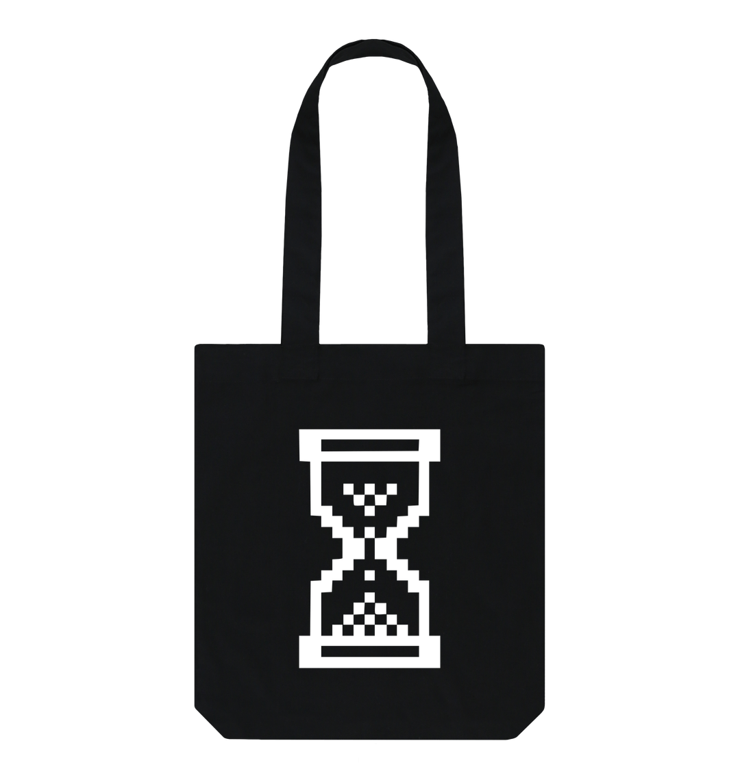 White design on a black T-shirt: Windows is contemplating the nature of time pixelated hourglass loading indicator icon