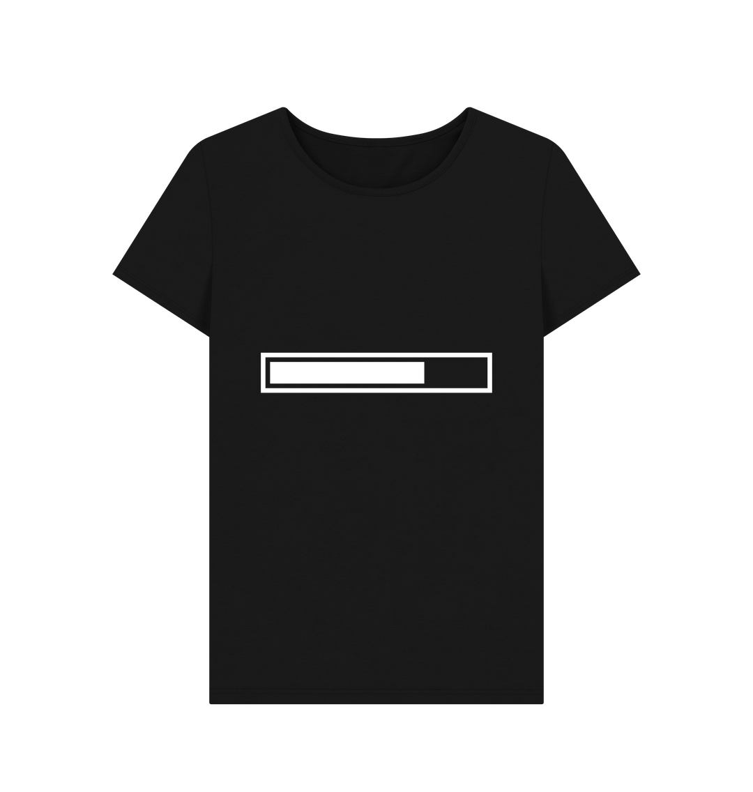 White design on a black T-shirt: It hasnut moved for  hours Illustration of a loading indicator at about  loaded
