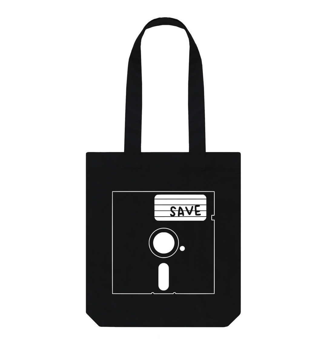 White design on a black T-shirt: Its the save icon except its a s  inch floppy